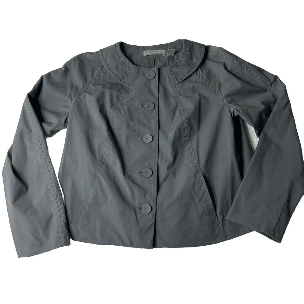 Liz Claiborne L Women’s Button Blazer Gray Career Longsleeve Summer